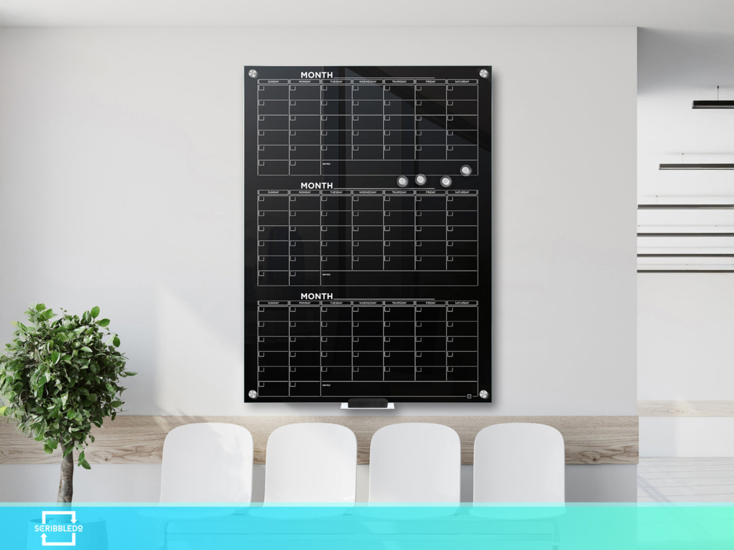 Black Glass Magnetic Quarterly Calendar Dry Erase Board – 34"x46"