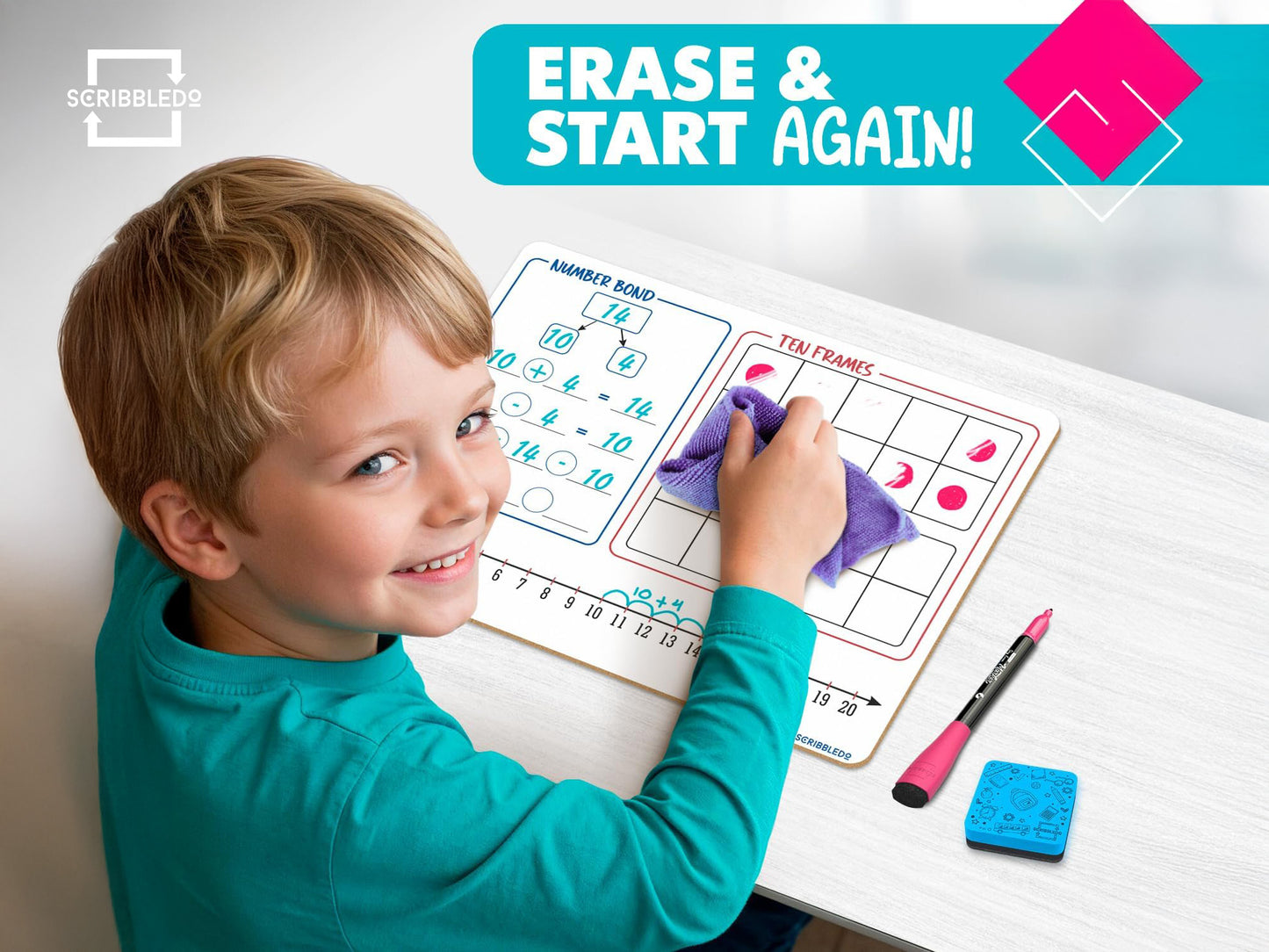 Number Bond, Ten Frame, Number Line & 1–120 Chart Dry Erase Board – 9x12