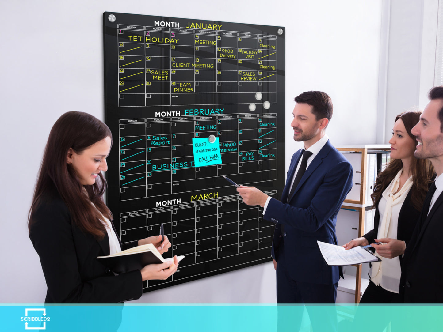 Black Glass Magnetic Quarterly Calendar Dry Erase Board – 34"x46"