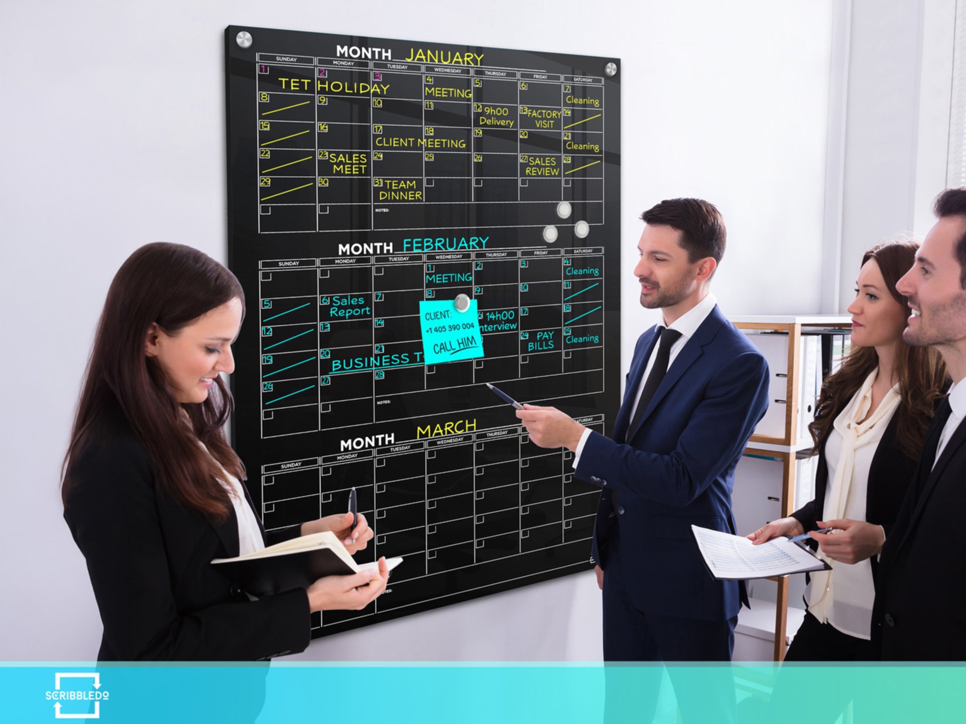 Black Glass Magnetic Quarterly Calendar Dry Erase Board – 34"x46"