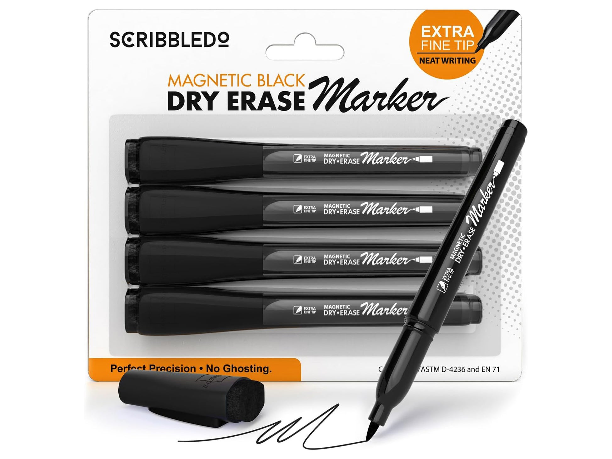 Extra Fine Tip Black Dry Erase Markers 4 Pack with Magnetic Cap and Eraser Tip