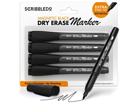 Extra Fine Tip Black Dry Erase Markers 4 Pack with Magnetic Cap and Eraser Tip
