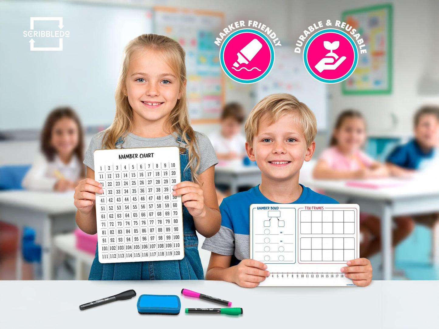 Number Bond, Ten Frame, Number Line & 1–120 Chart Dry Erase Board – 9x12