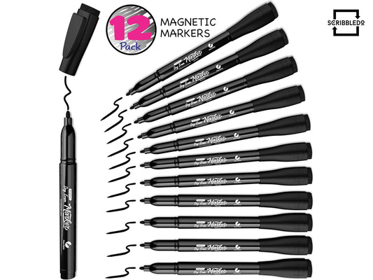 12 Pack Magnetic Dry Erase Markers Black Fine Tip with Eraser Cap