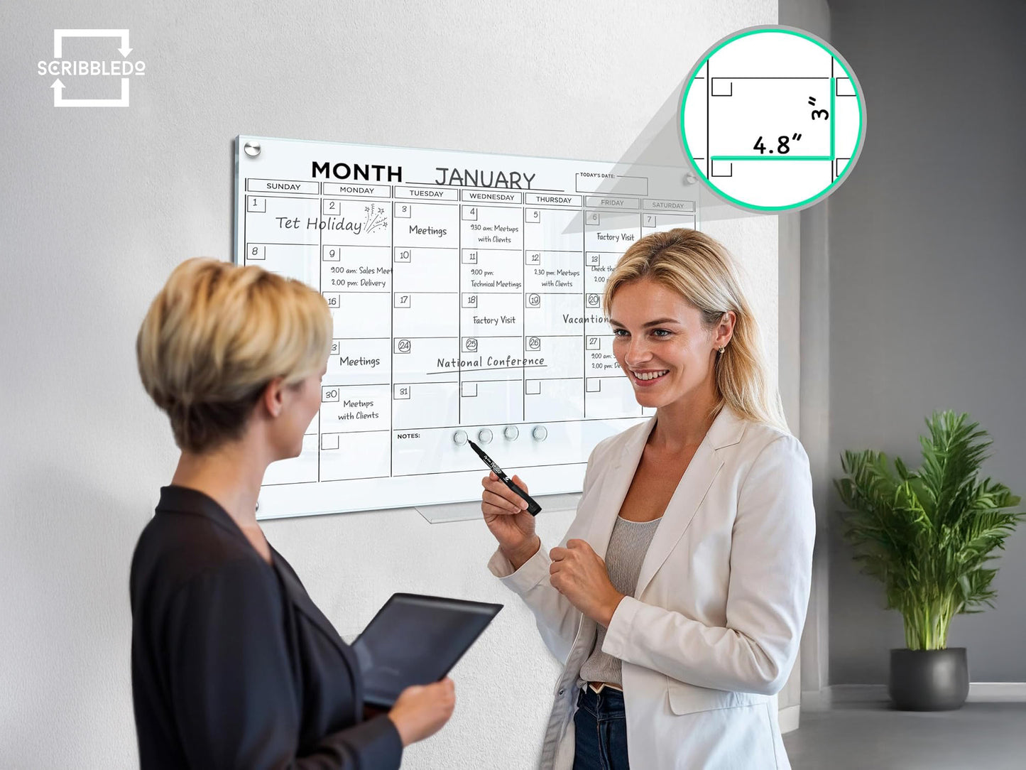 Magnetic Glass Whiteboard Calendar 24"x36" Monthly Planner