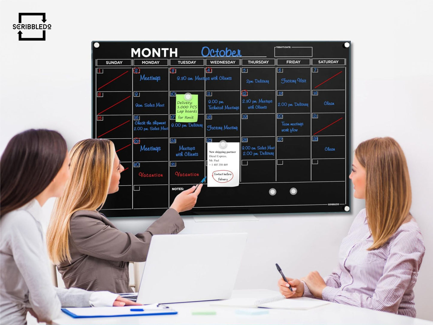 Black Magnetic Glass Whiteboard 2024 Calendar 24"x36" Monthly Planner