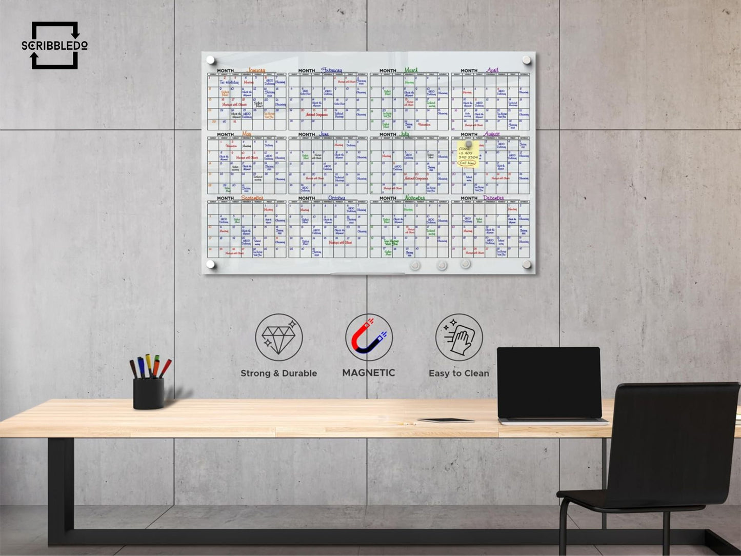 Magnetic Glass Whiteboard 2024 Calendar 24"x36" Yearly Planner