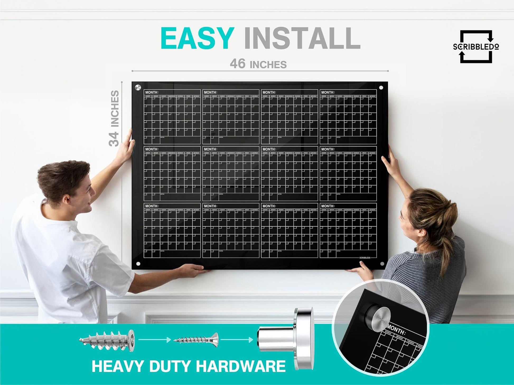 Black Magnetic Glass Whiteboard Calendar 34"x46" Yearly Planner