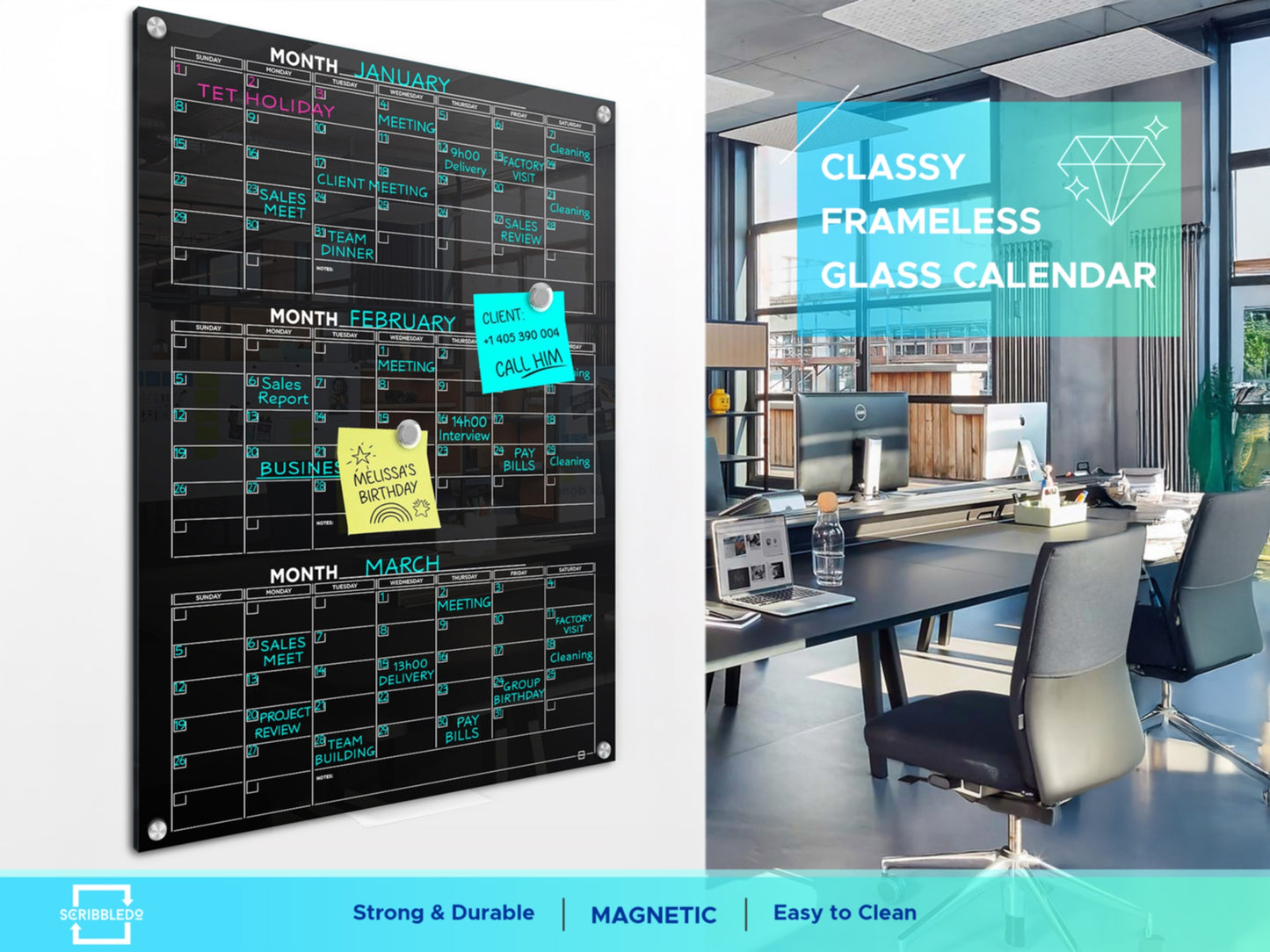 Black Glass Magnetic Quarterly Calendar Dry Erase Board – 34"x46"