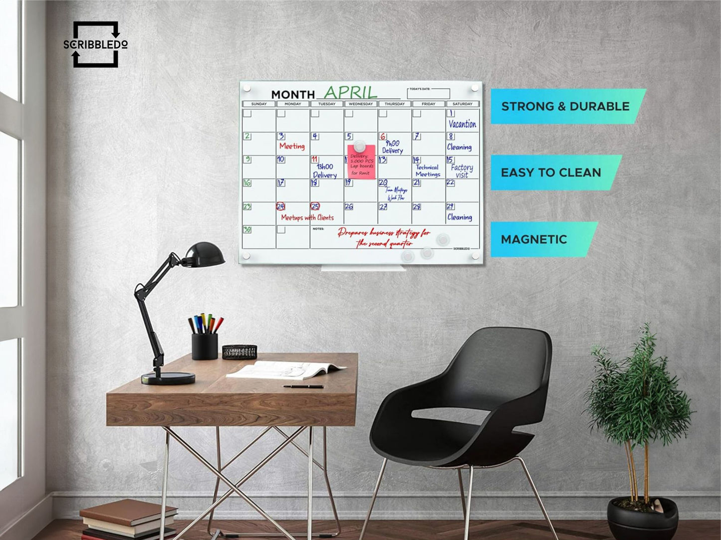 Magnetic Glass Whiteboard 2024 Calendar 18"x24" Monthly Planner