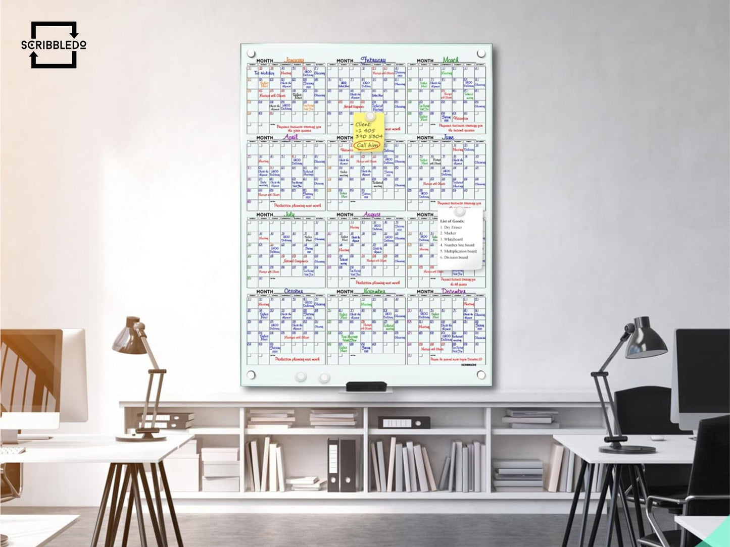 Magnetic Glass Whiteboard 2024 Calendar 34"x46" Yearly Planner