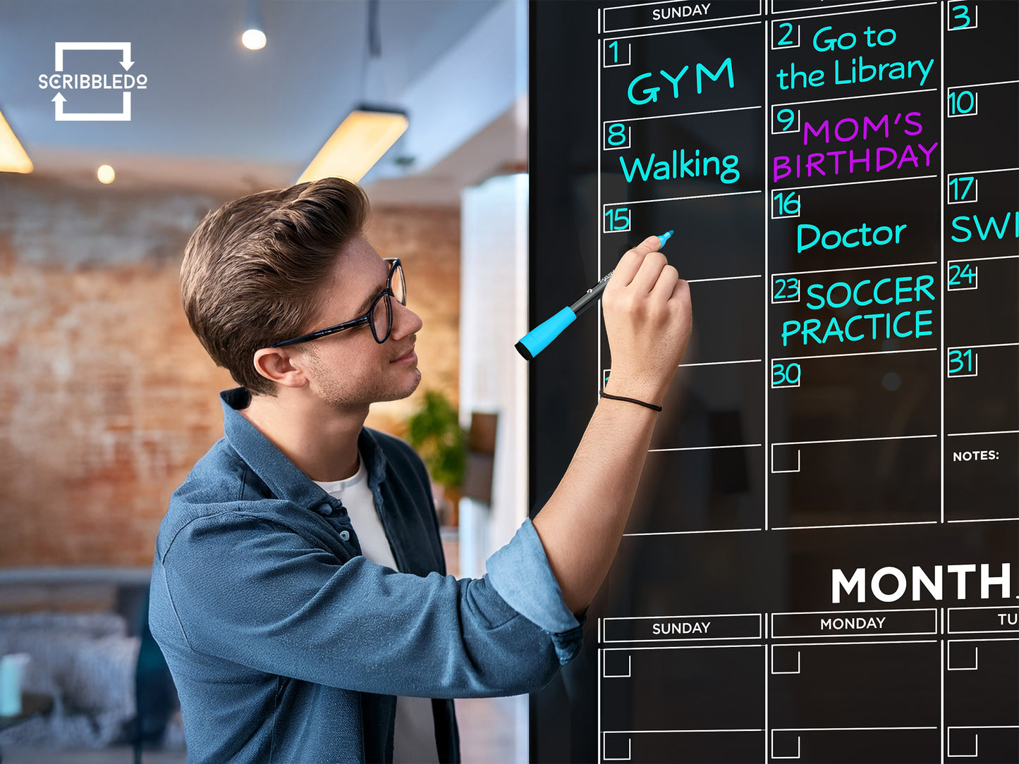 Black Glass Magnetic Quarterly Calendar Dry Erase Board – 34"x46"
