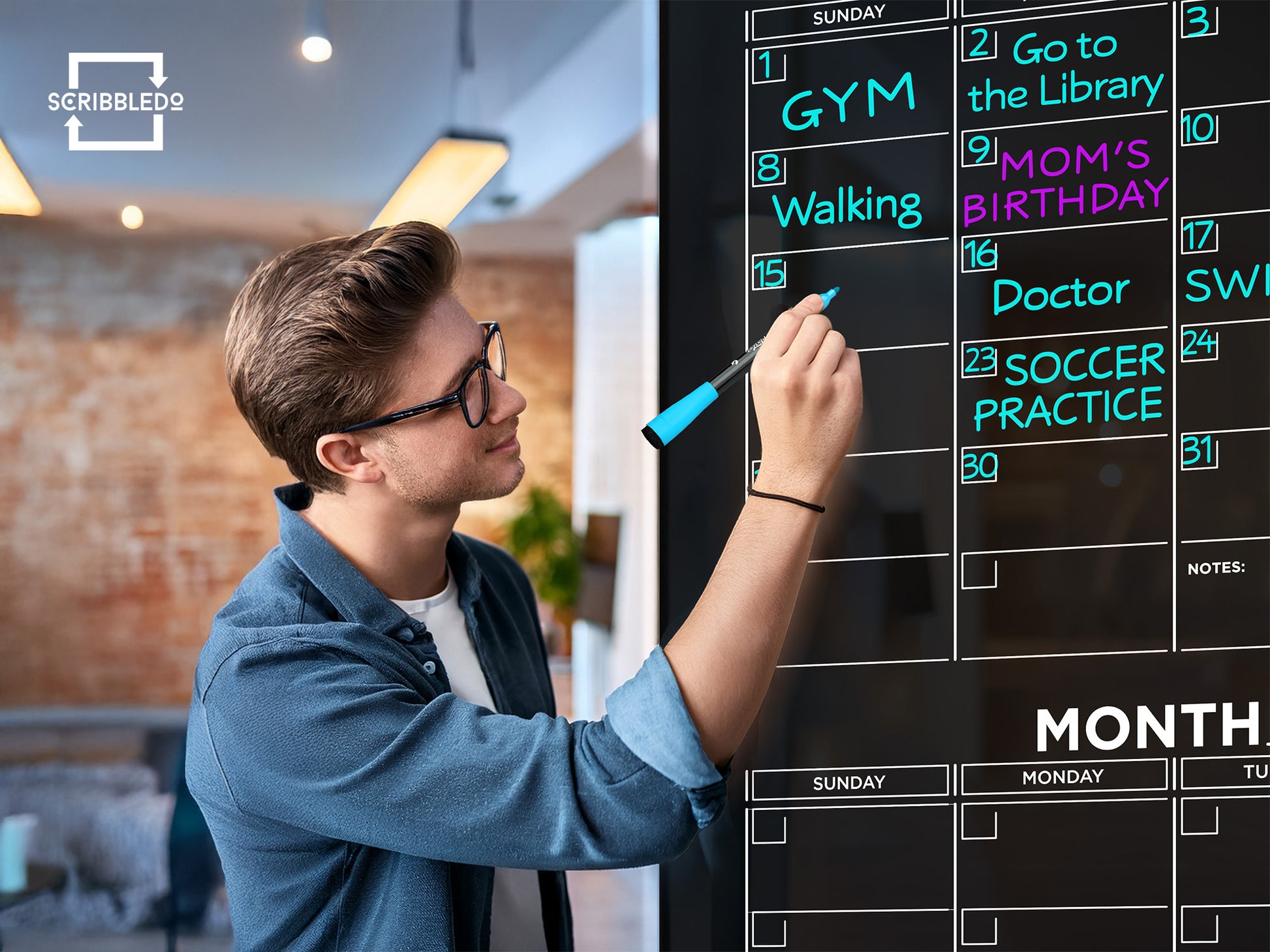 Black Glass Magnetic Quarterly Calendar Dry Erase Board – 34"x46"