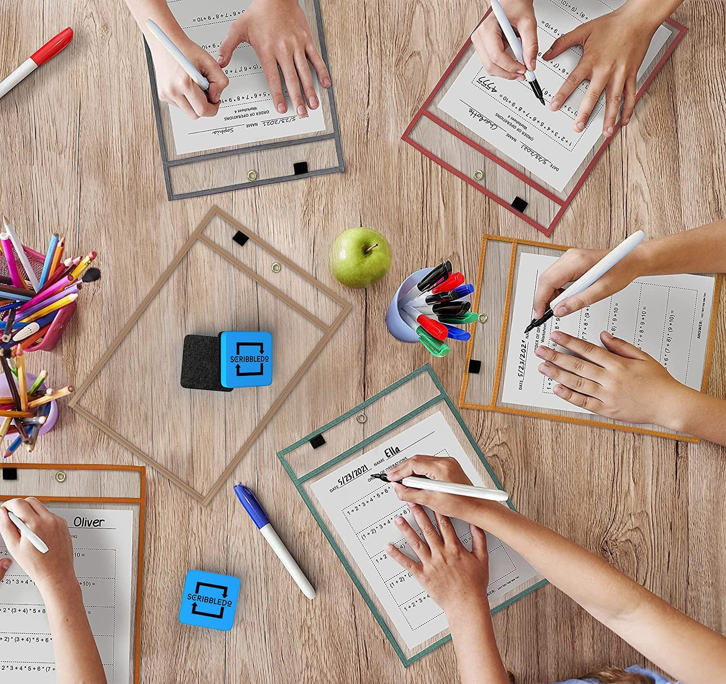 Reusable Dry Erase Sleeves, 6 Pack with Marker Holder, Boho Color