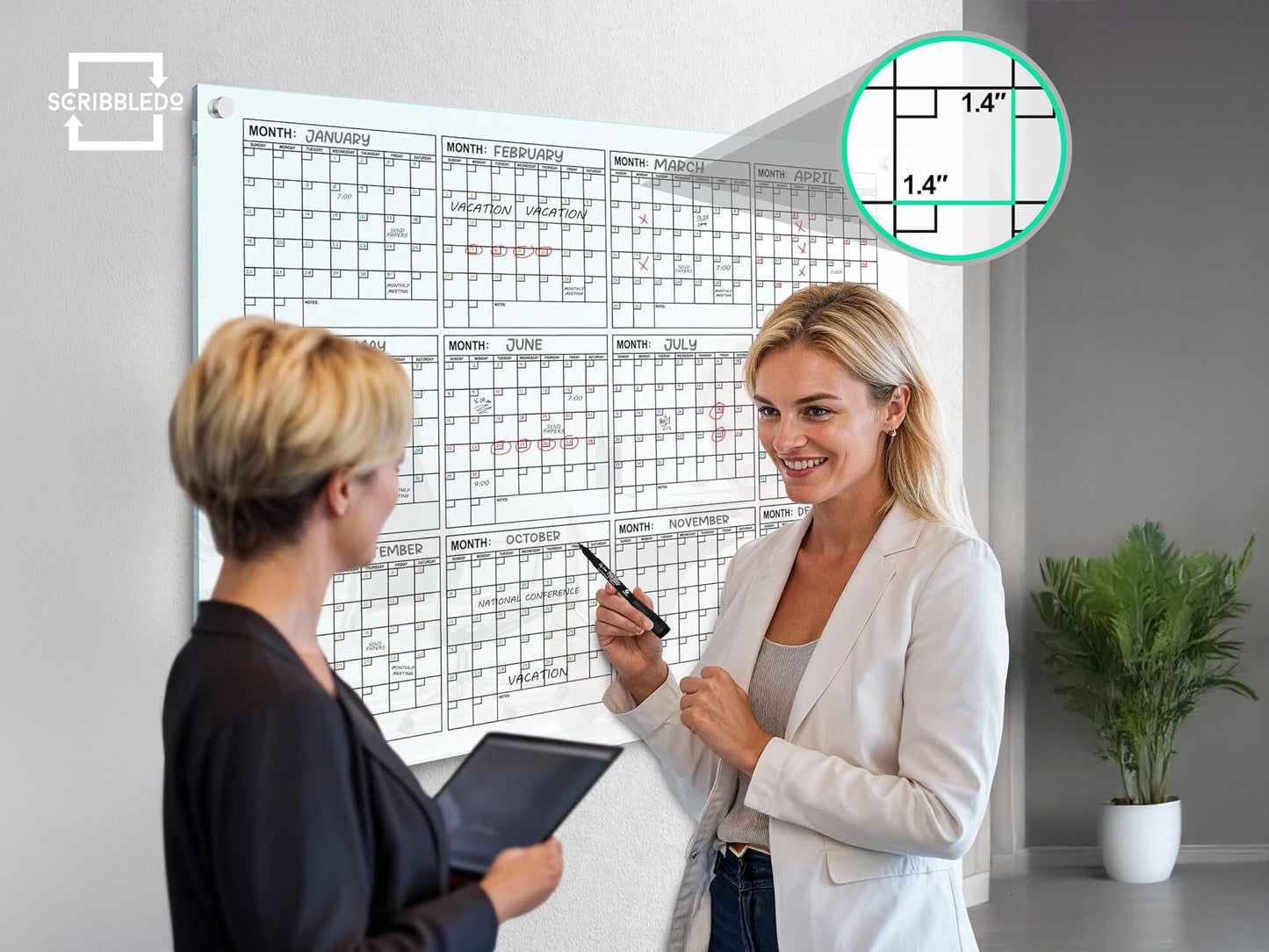 Glass Whiteboard Calendar 34"x46" Yearly Planner (Non magnetic)