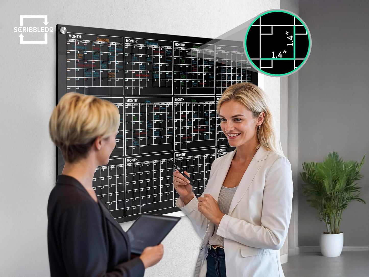 Black Magnetic Glass Whiteboard Calendar 34"x46" Yearly Planner