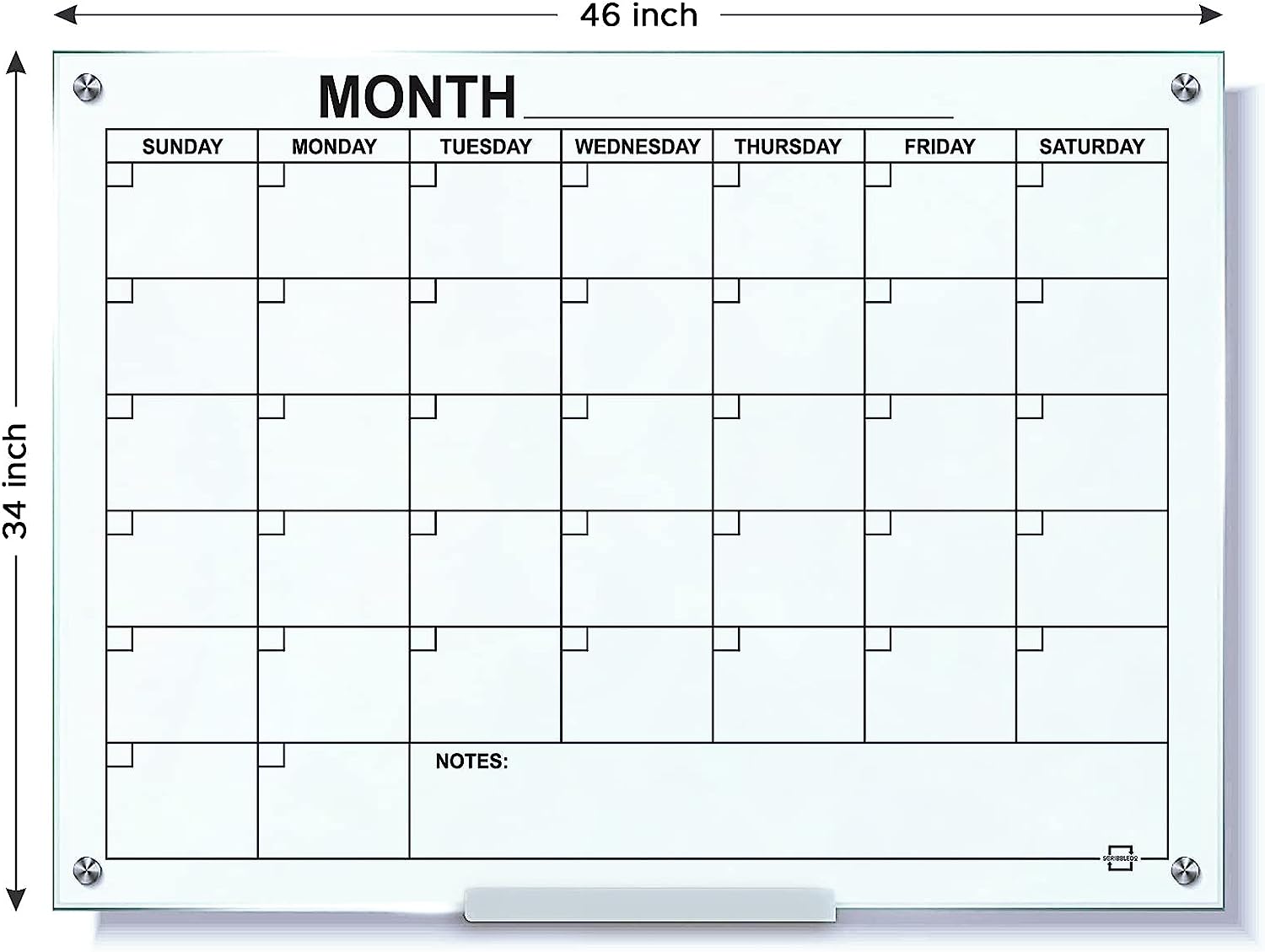 34x46 glass monthly planner wipe board with tray