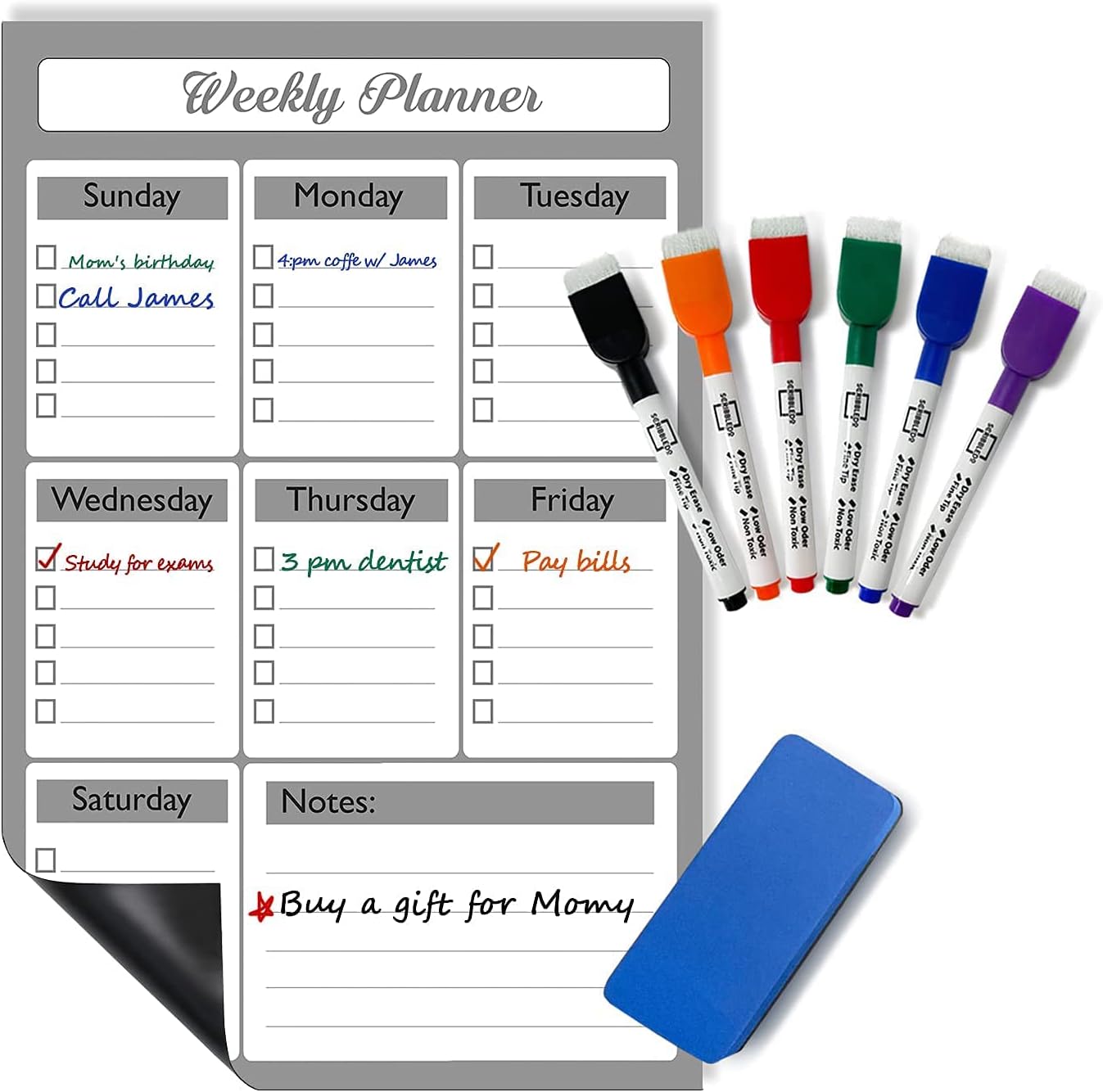 Magnetic Weekly Calendar Planner 11"x17" with 6 Markers & 1 Eraser