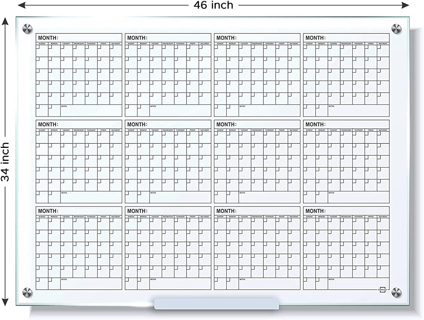 Magnetic Glass Calendar 2023 Yearly Planner 34”x46” with Marker Tray
