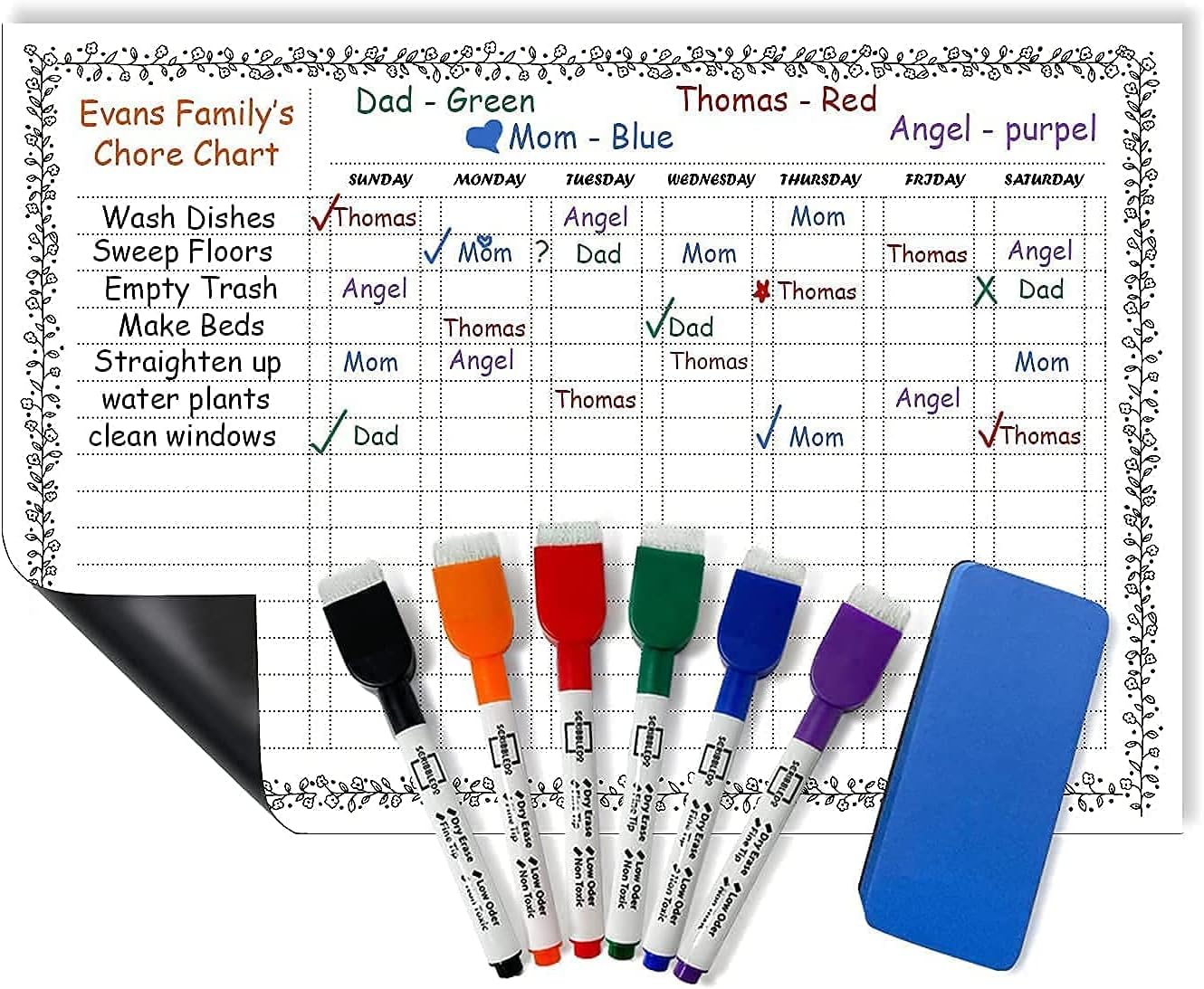 Magnetic Chore Chart 11x17 with 6 Markers