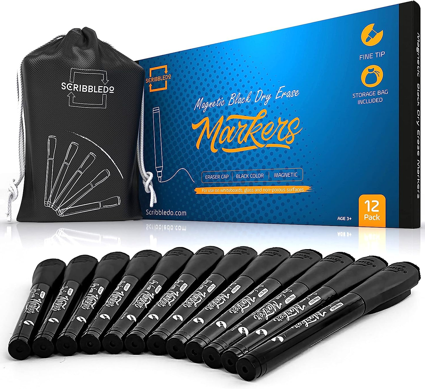 Magnetic Dry Erase Black Marker - 12 Pack, Extra Fine Tip