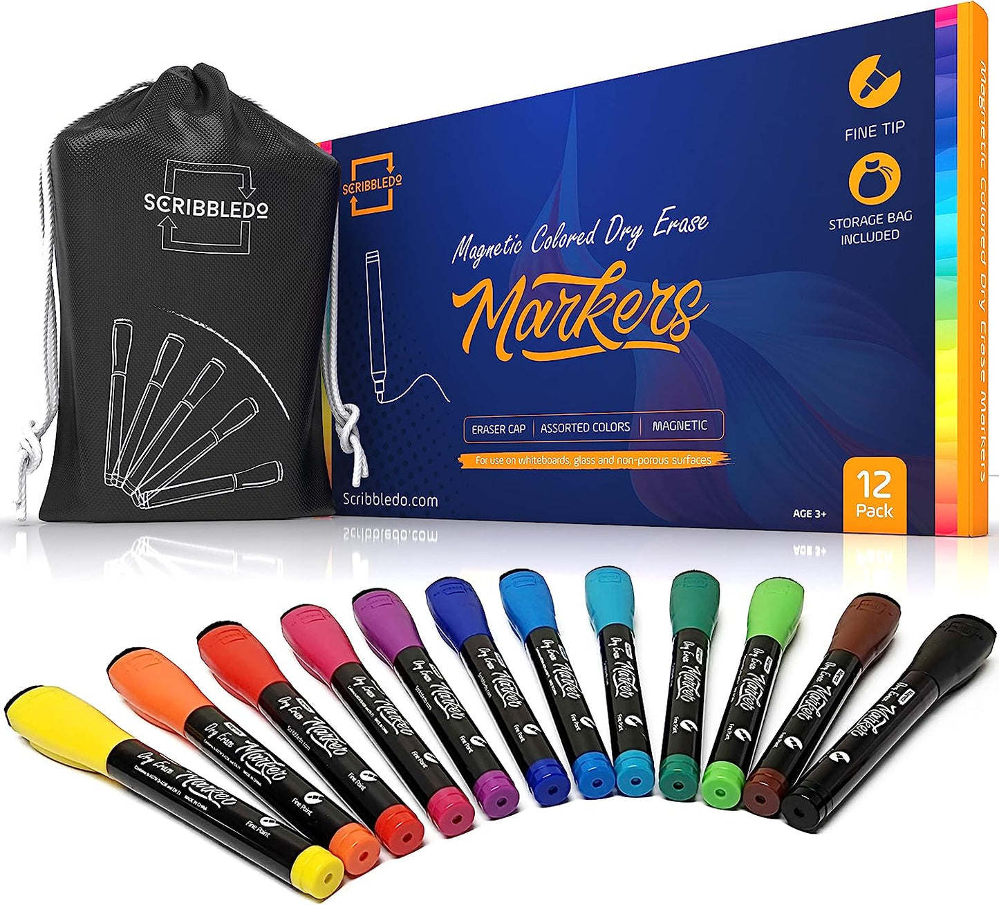 Magnetic Dry Erase Black Marker - 12 Pack, Extra Fine Tip