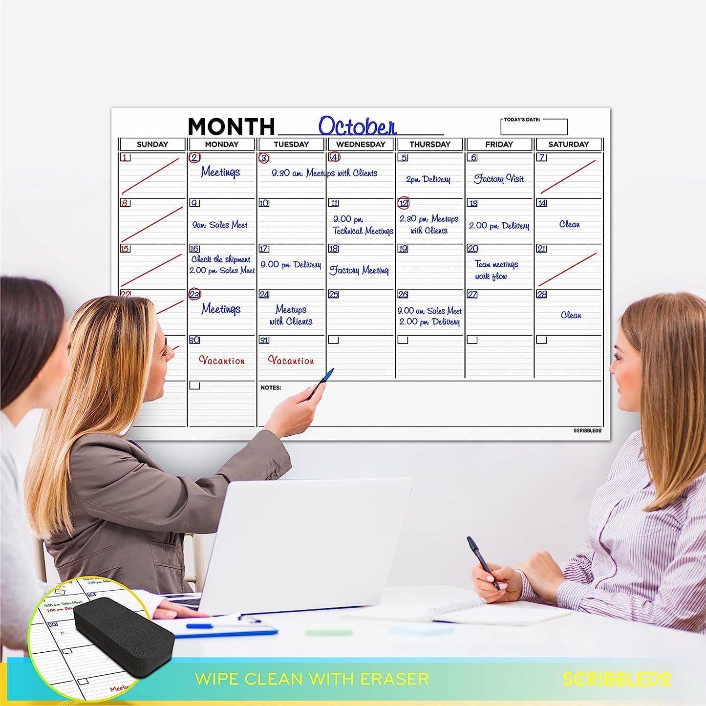 White Board 2023 Calendar 24"x36" with 6 Markers, Eraser, Push Pins & Mounting Tape