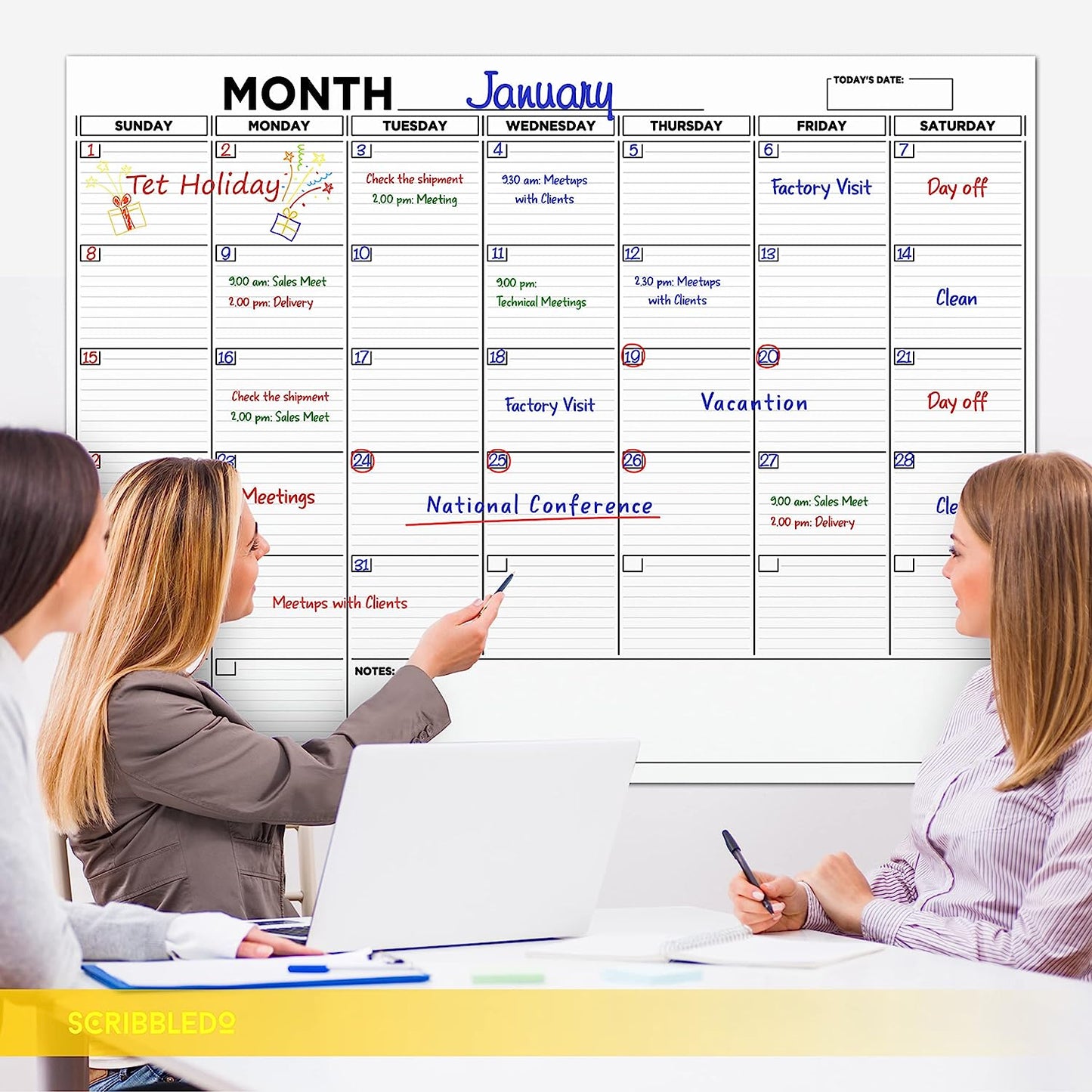 White Board 2023 Calendar 36"x48" with 6 Markers, Eraser, Push Pins & Mounting Tape