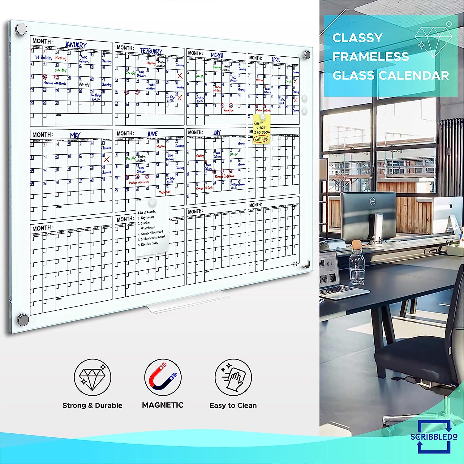 yearly glass calendar with marker tray 34x46