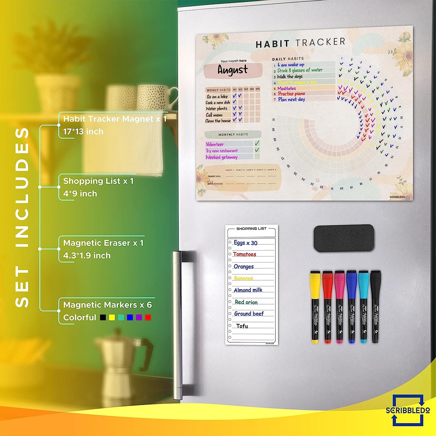 magnetic habit tracker calendar with marker for fridge 13x17