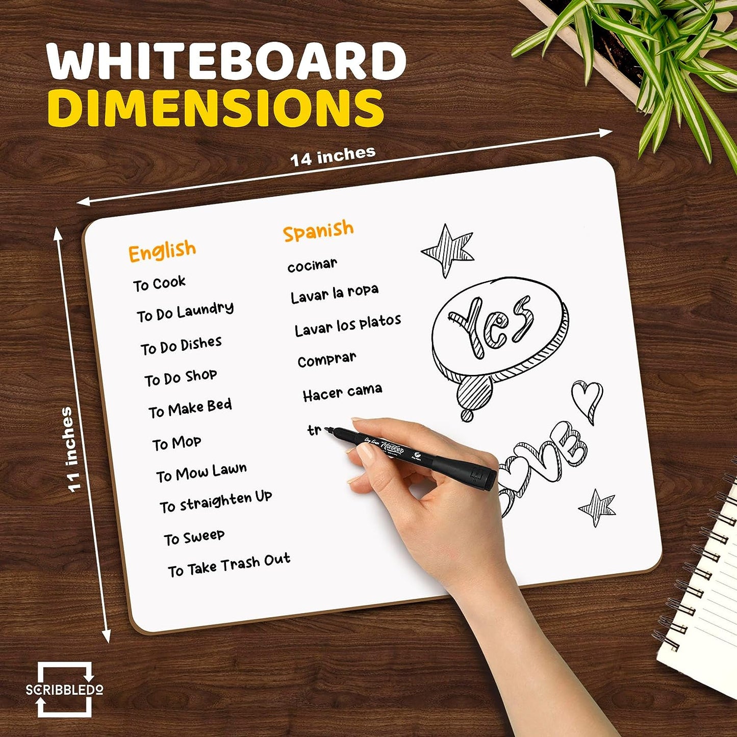 Double Sided Dry Erase Whiteboard 11"x14"