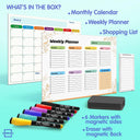 dry erase monthly calendar, weekly planner, shopping list with 6 markers