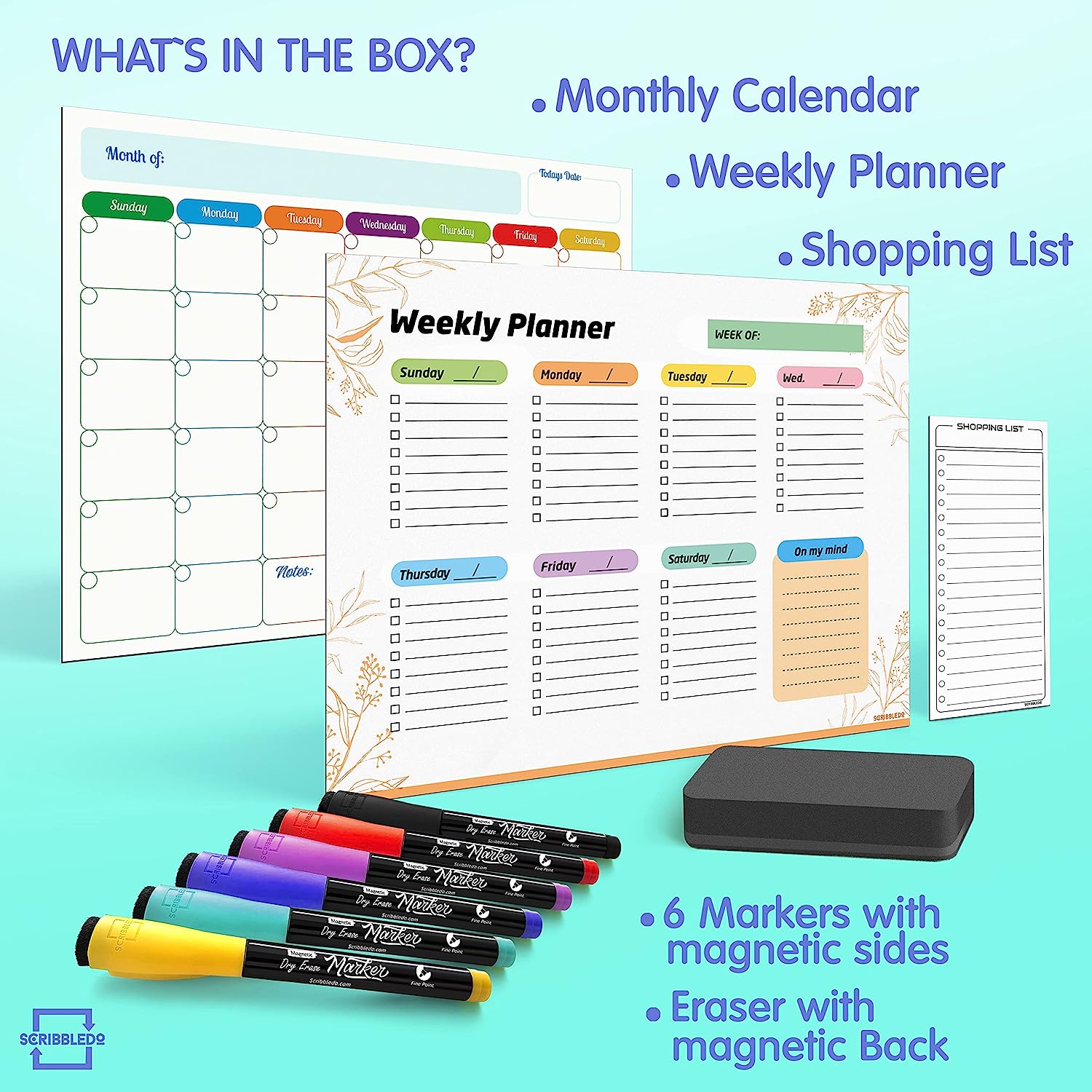 dry erase monthly calendar, weekly planner, shopping list with 6 markers
