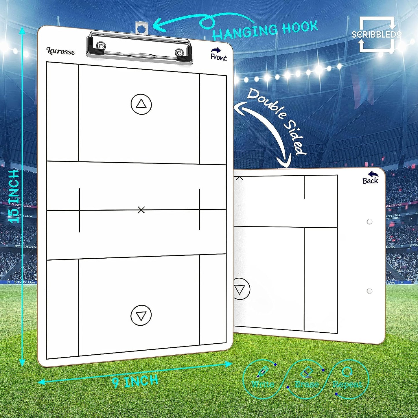 scribbledo double sided dry erase lacrosse clipboard for coaches 15"x9"