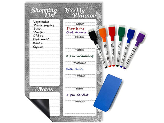Magnetic Meal Planner & Grocery List Pad 11"x17" with 6 Markers & 1 Eraser